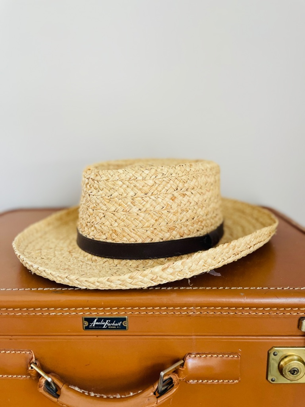 SCALA Studio Natural Straw Boater Hat Chocolate Brown Band Large XL